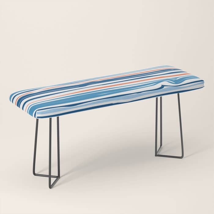 Modern Abstract Ocean Wave Stripes In Classic Blues And Orange Bench