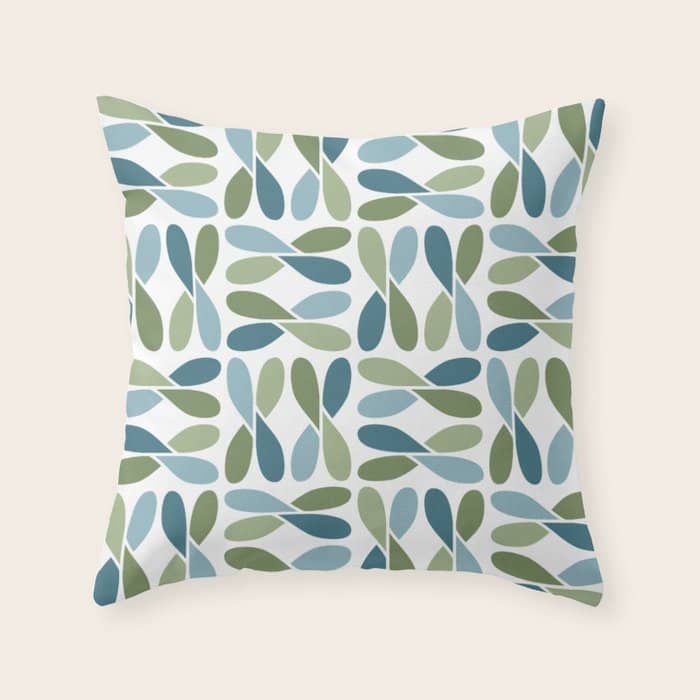Retro Mid Century Modern Abstract Leaf Pattern Teal Blue Dill Green Throw Pillow