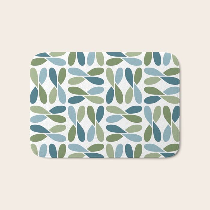 Retro Mid Century Modern Abstract Leaf Pattern Teal Blue Dill Green Bath Mat