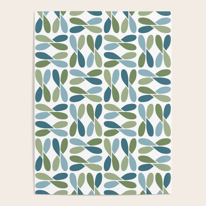 Retro Mid Century Modern Abstract Leaf Pattern Teal Blue Dill Green Poster