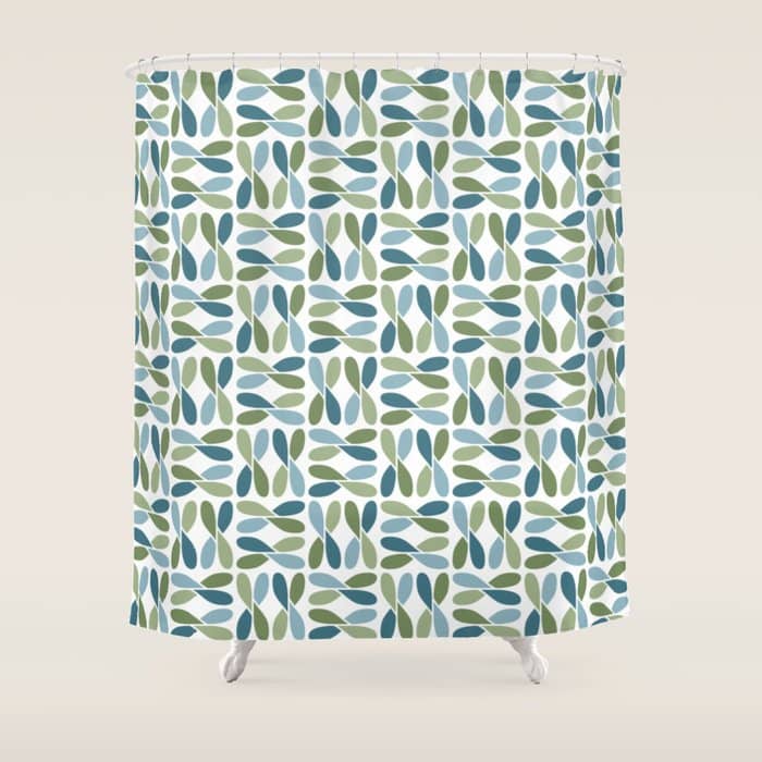 Retro Mid Century Modern Abstract Leaf Pattern Teal Blue Dill Green Shower Curtain