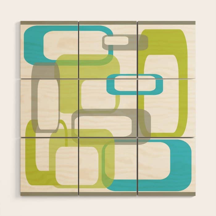 Mid-Century Modern Rectangle Design Blue Green And Gray Wood Wall Art