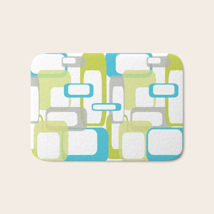 Mid-Century Modern Rectangle Design Blue Green And Gray Bath Mat