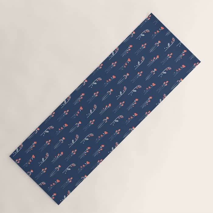 Retro Dark Flower Pattern In Modern Navy And Coral Yoga Mat