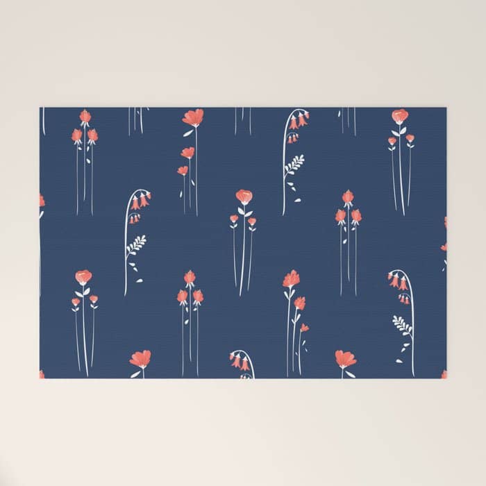 Retro Dark Flower Pattern In Modern Navy And Coral Welcome Mat