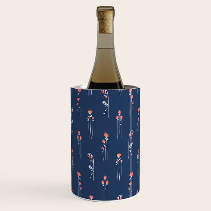 Retro Dark Flower Pattern In Modern Navy And Coral Wine Chiller