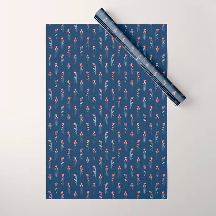 Retro Dark Flower Pattern In Modern Navy And Coral Wrapping Paper