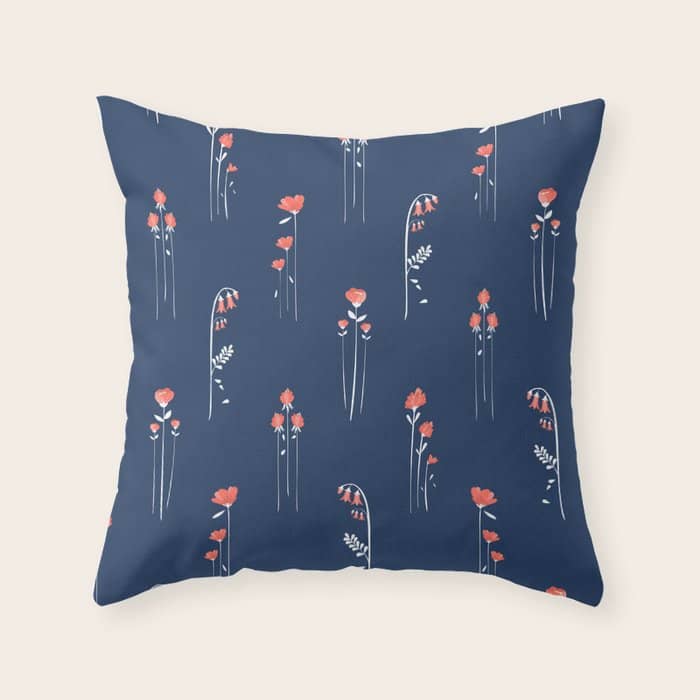 Retro Dark Flower Pattern In Modern Navy And Coral Throw Pillow