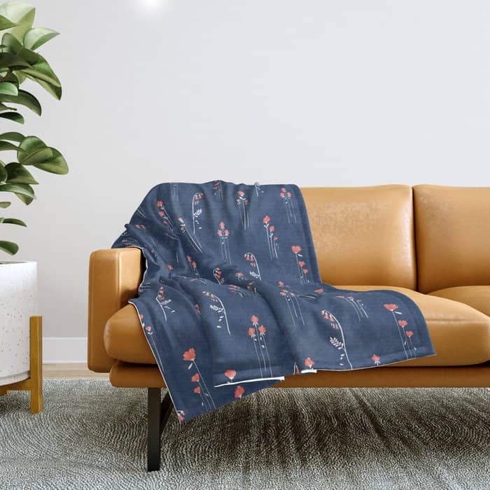 Retro Dark Flower Pattern In Modern Navy And Coral Throw Blanket