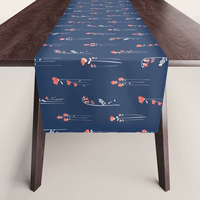 Retro Dark Flower Pattern In Modern Navy And Coral Table Runner