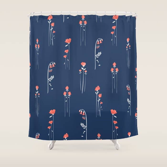 Retro Dark Flower Pattern In Modern Navy And Coral Shower Curtain