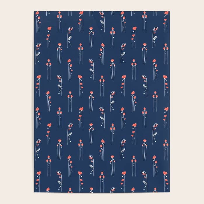 Retro Dark Flower Pattern In Modern Navy And Coral Poster