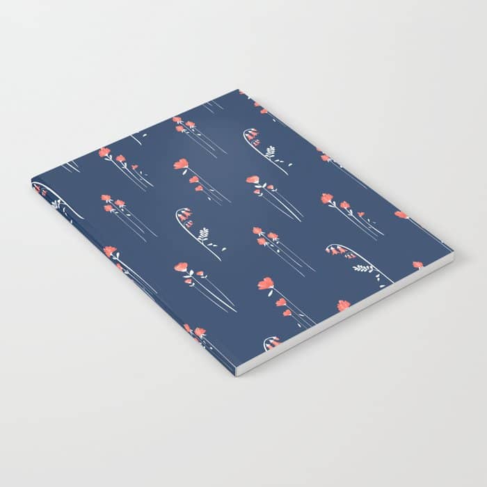 Retro Dark Flower Pattern In Modern Navy And Coral Notebook