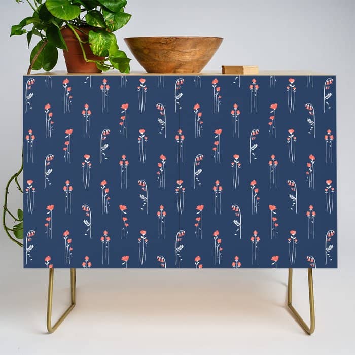Retro Dark Flower Pattern In Modern Navy And Coral Credenza