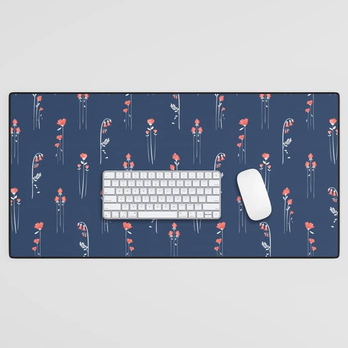 Retro Dark Flower Pattern In Modern Navy And Coral Desk Mat