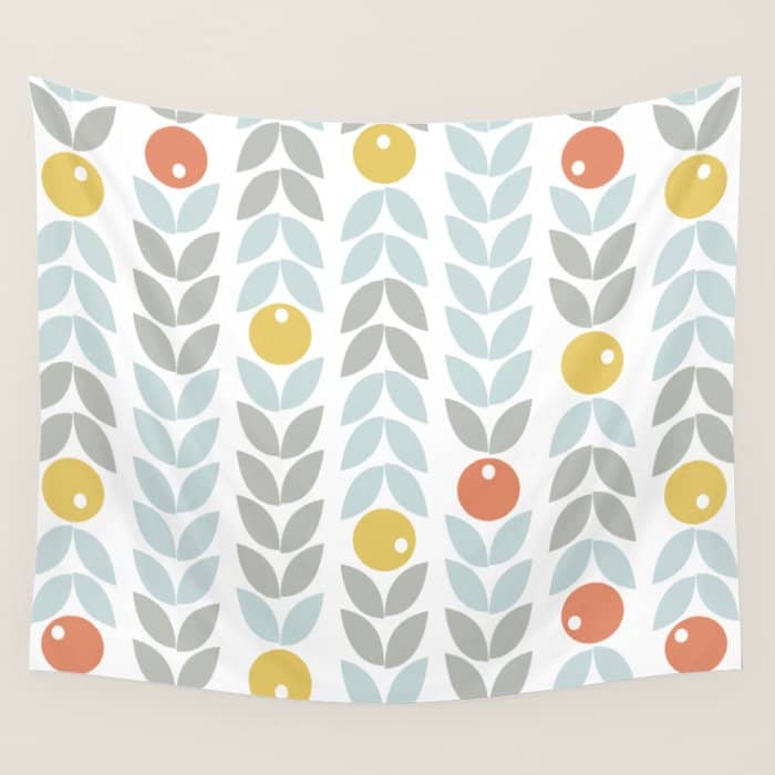 Mid Century Modern Retro Leaf And Circle Pattern Wall Tapestry