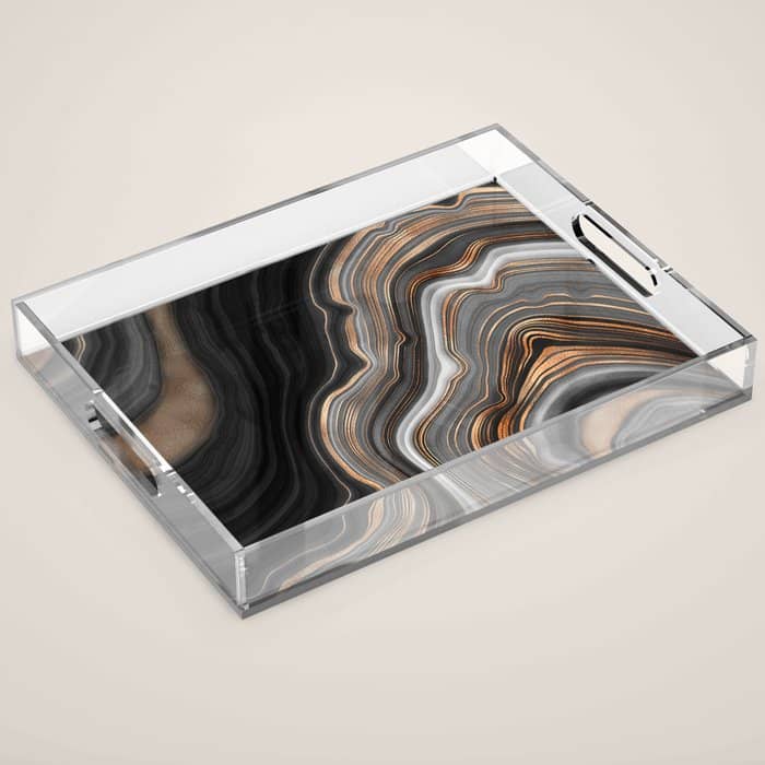 Elegant Black Marble With Gold And Copper Veins Acrylic Tray