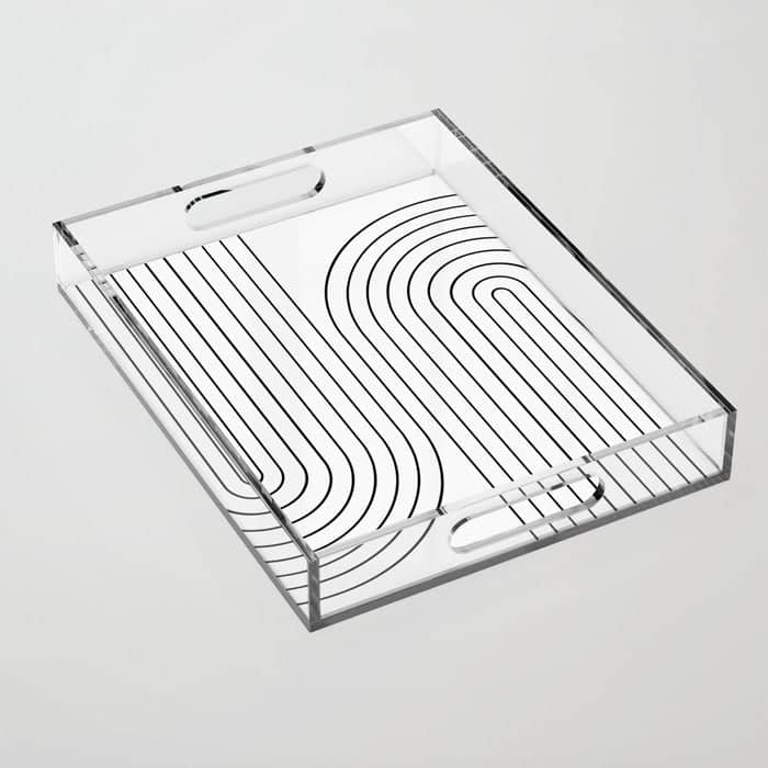 Minimal Line Curvature I Black And White Mid Century Modern Arch Abstract Acrylic Tray