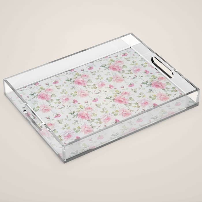 Elegant Blush Pink White Vintage Rose Floral Acrylic Tray