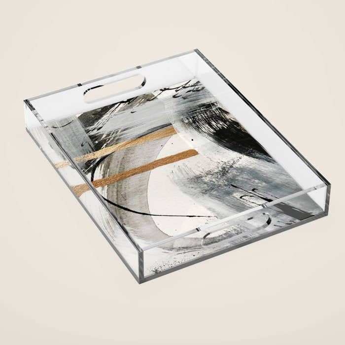 Armor [7]: A Bold Minimal Abstract Mixed Media Piece In Gold, Black And White Acrylic Tray