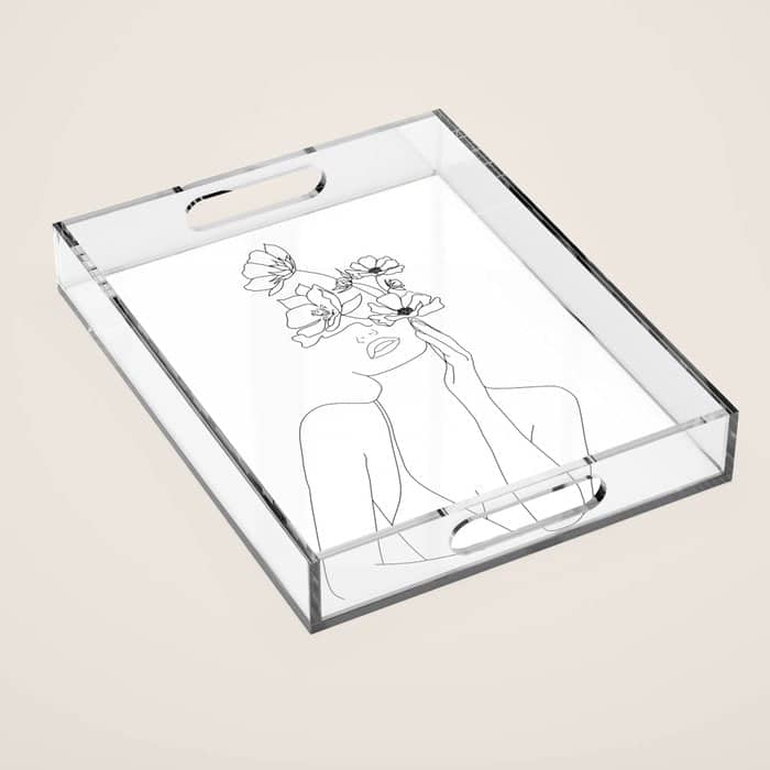 Minimal Line Art Woman With Flowers Acrylic Tray