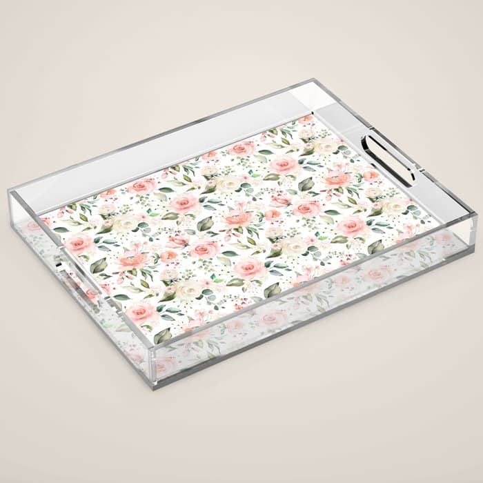 Sunny Floral Pastel Pink Watercolor Flower Pattern Acrylic Tray