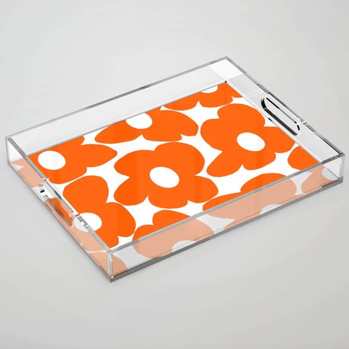 Orange Retro Flowers White Background #Decor #Homestorie #Buyart Acrylic Tray