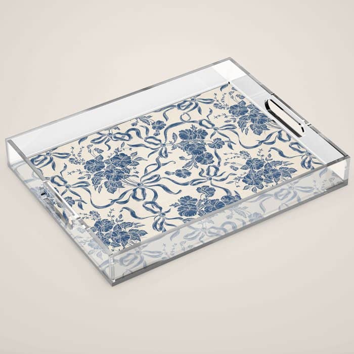 Chic Modern Vintage Ivory Navy Blue Floral Pattern Acrylic Tray