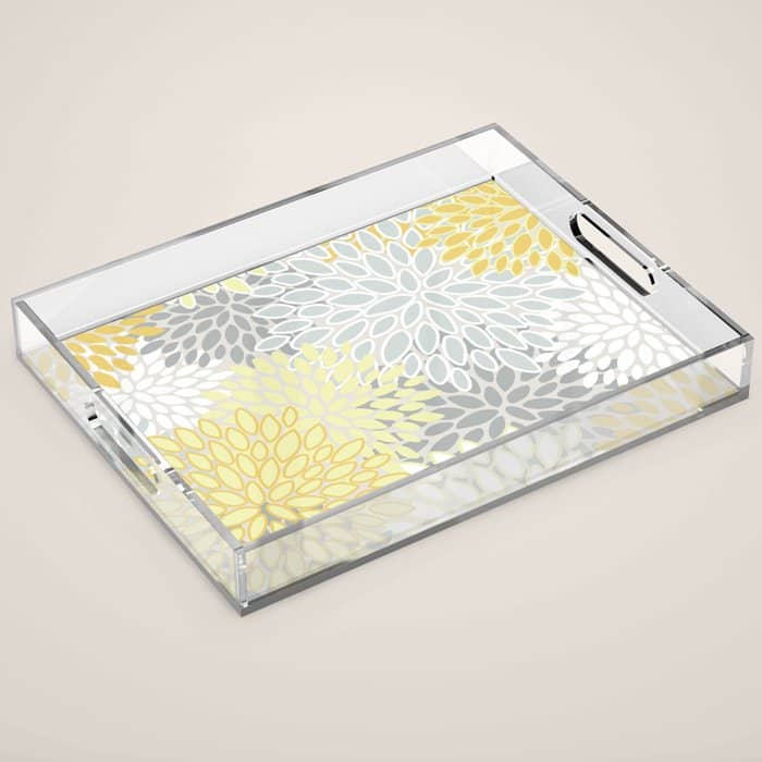 Floral Prints, Soft, Yellow And Gray, Modern Print Art Acrylic Tray