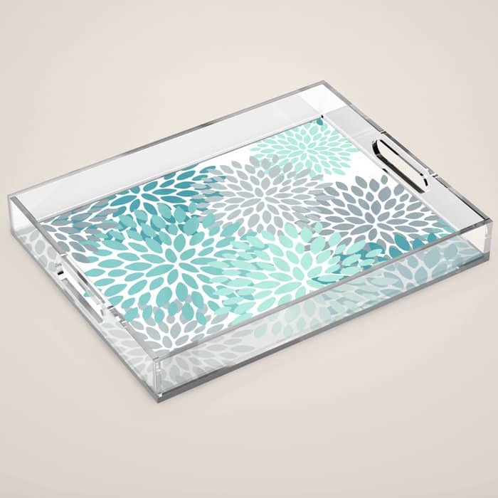 Floral Pattern, Aqua, Teal, Turquoise And Gray Acrylic Tray