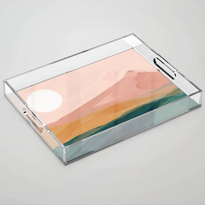 Pink, Green, Gold Moon Watercolor Mountains Acrylic Tray
