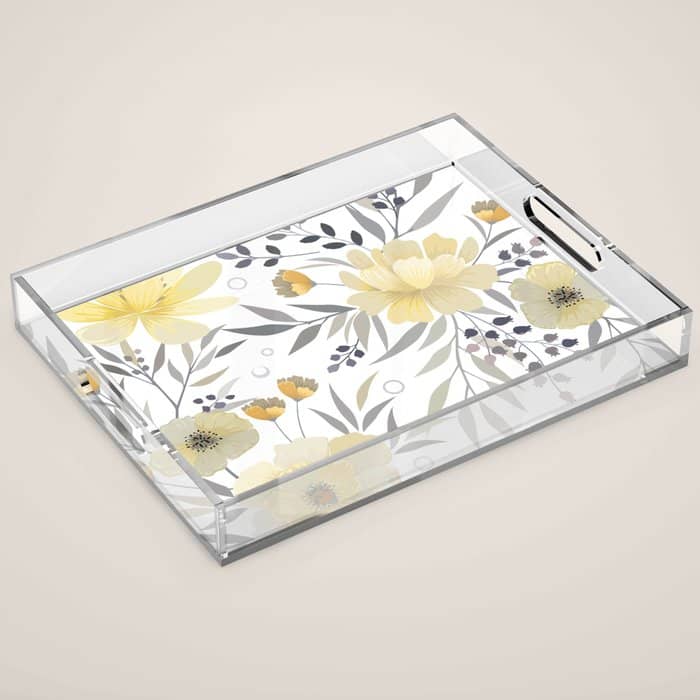 Modern, Floral Prints, Yellow, Gray And White Acrylic Tray