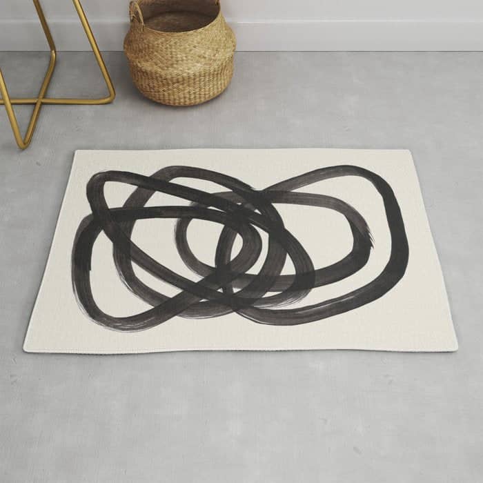 Mid Century Modern Minimalist Abstract Art Brush Strokes Black & White Ink Art Spiral Circles Rug
