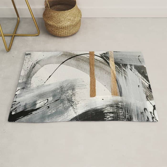 Armor [7]: A Bold Minimal Abstract Mixed Media Piece In Gold, Black And White Rug