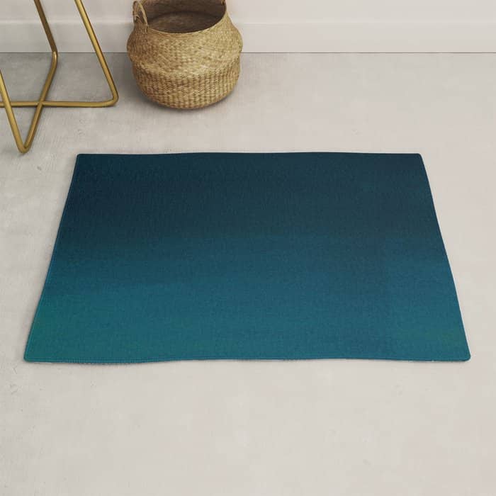 Navy Blue Teal Hand Painted Watercolor Paint Ombre Rug