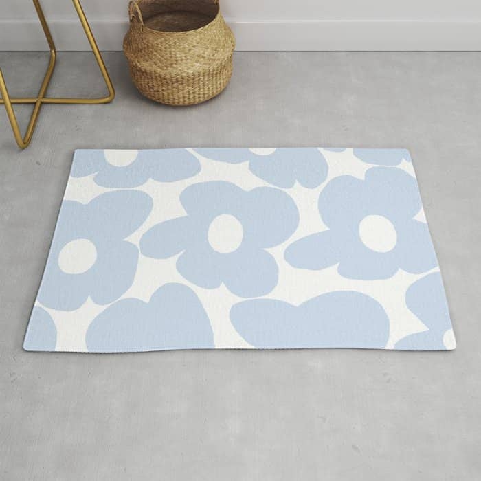 Large Baby Blue Retro Flowers White Background #Decor #Homestorie #Buyart Rug