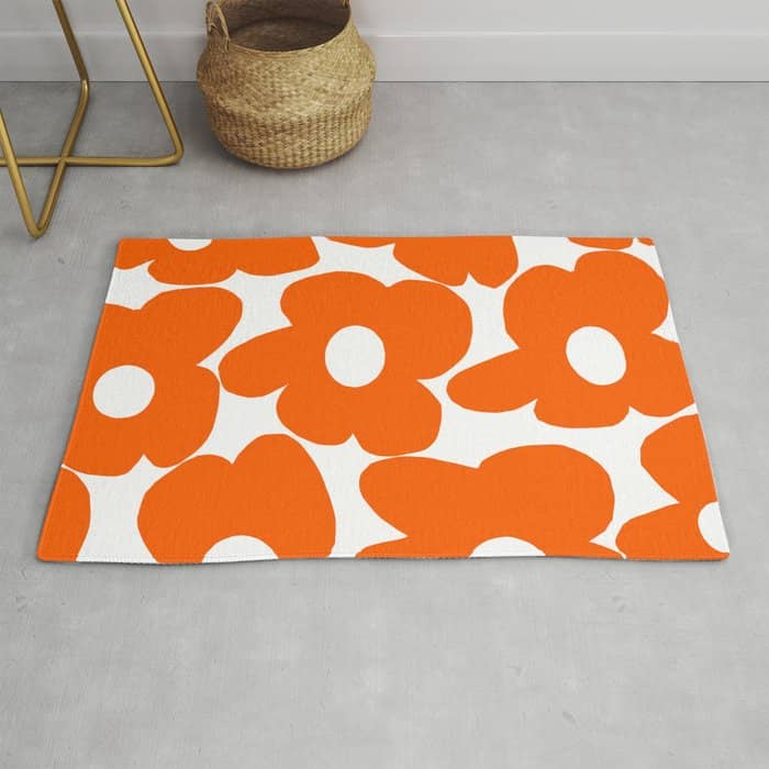 Orange Retro Flowers White Background #Decor #Homestorie #Buyart Rug