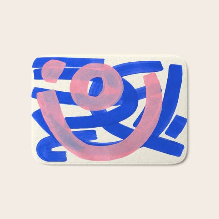 Tribal Pink Blue Fun Colorful Mid Century Modern Abstract Painting Shapes Pattern Bath Mat
