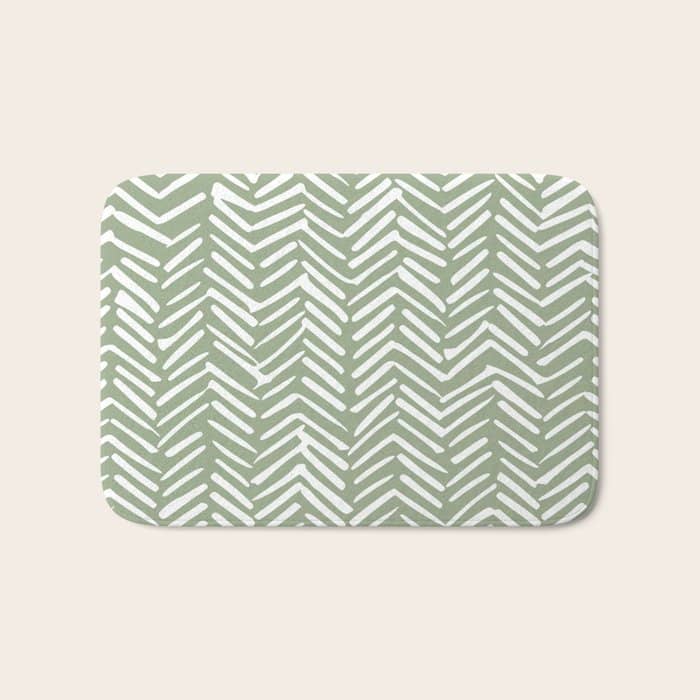Boho, Abstract, Herringbone Pattern, Sage Green And White Bath Mat