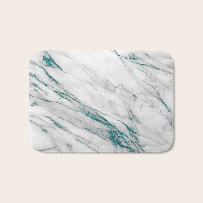 Gray Marble Aqua Teal Metallic Glitter Foil Style Bath Mat