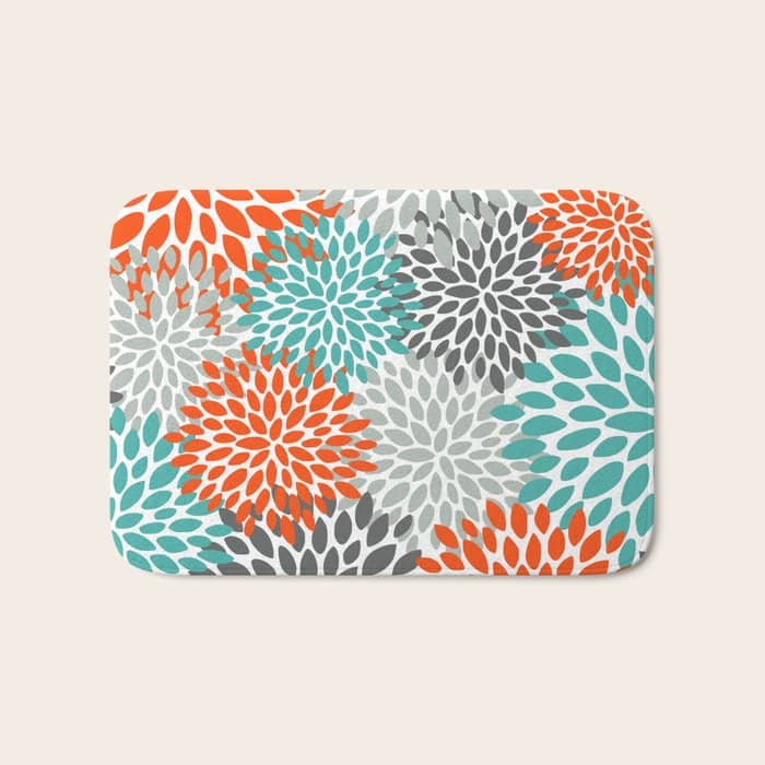 Floral Pattern, Abstract, Orange, Teal And Gray Bath Mat