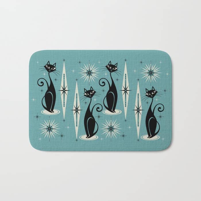 Mid Century Meow Retro Atomic Cats On Blue Bath Mat