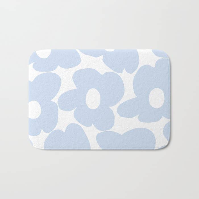Large Baby Blue Retro Flowers White Background #Decor #Homestorie #Buyart Bath Mat