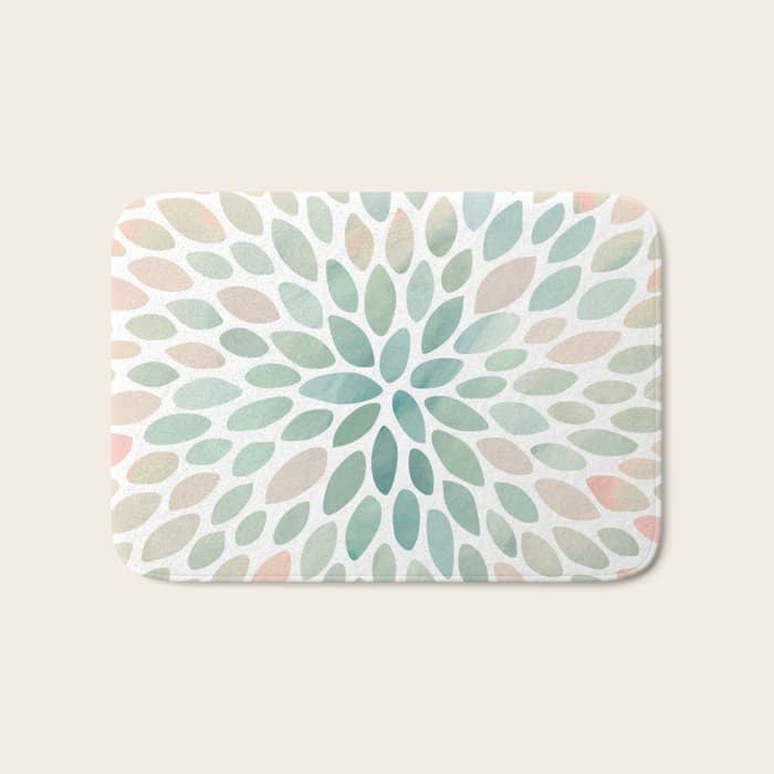 Floral Bloom, Abstract Watercolor, Coral, Peach, Green, Floral Prints Bath Mat