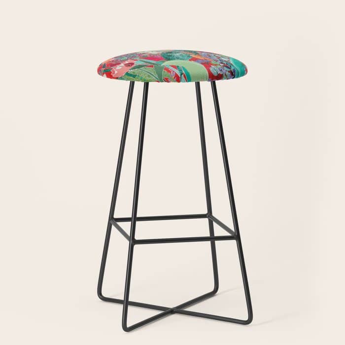 Red Floral Jungle Garden Botanical Featuring Proteas, Reeds, Eucalyptus, Ferns And Birds Of Paradise Stool