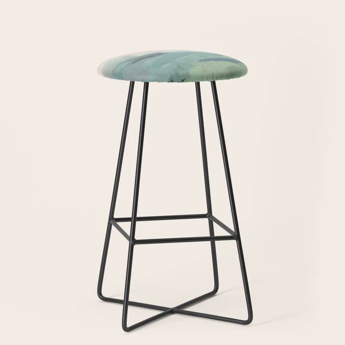 Farmland Sunset Ii - Seafoam Green Mint Black Blush Pink Abstract Nature Land Art Painting Stool