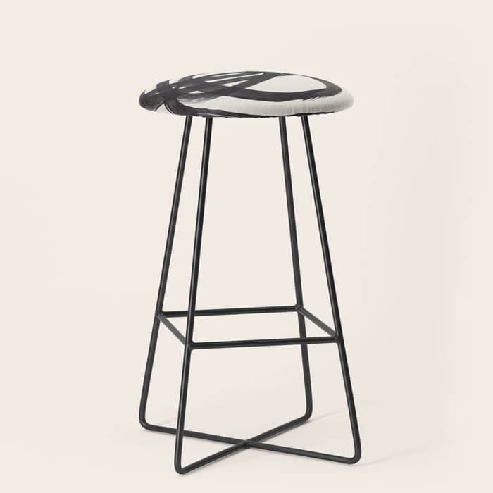 Mid Century Modern Minimalist Abstract Art Brush Strokes Black & White Ink Art Spiral Circles Stool