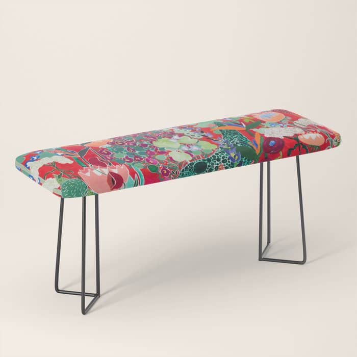 Red Floral Jungle Garden Botanical Featuring Proteas, Reeds, Eucalyptus, Ferns And Birds Of Paradise Bench