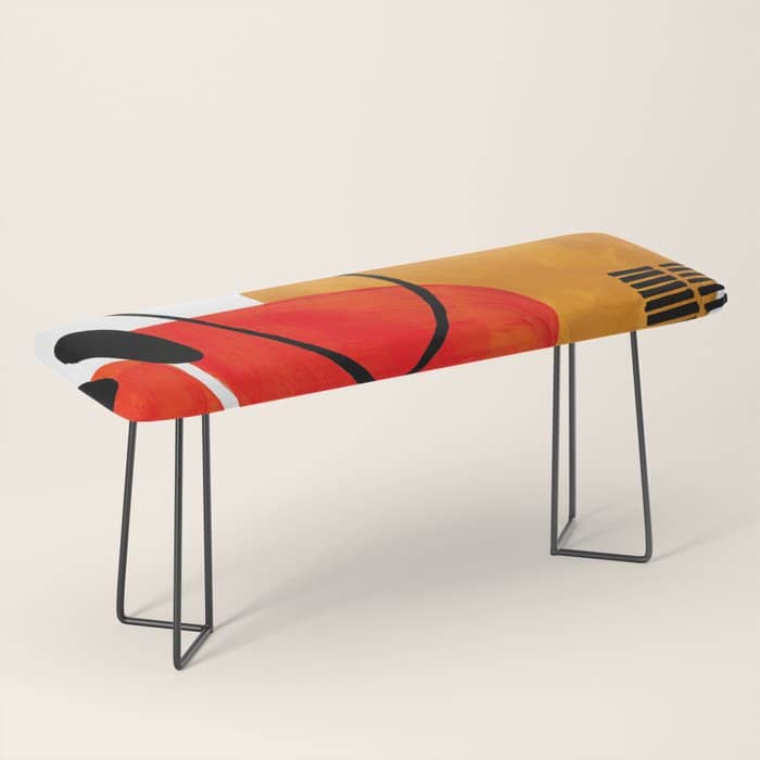 Mid Century Modern Abstract Vintage Pop Art Space Age Pattern Orange Yellow Black Orbit Accent Bench
