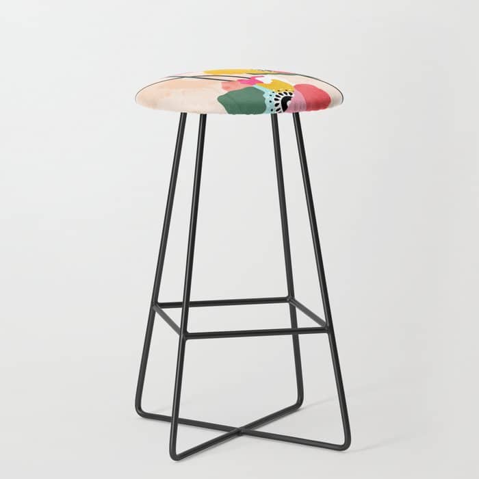 Dopamine Floral, Botanical Watercolor Eclectic Flowers Plants, Painting Colorful Pop Bohemian Contemporary Modern Stool